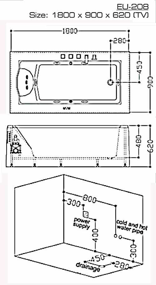 Bản vẽ kỹ thuật lắp đặt bồn tắm massage Euroking EU-208