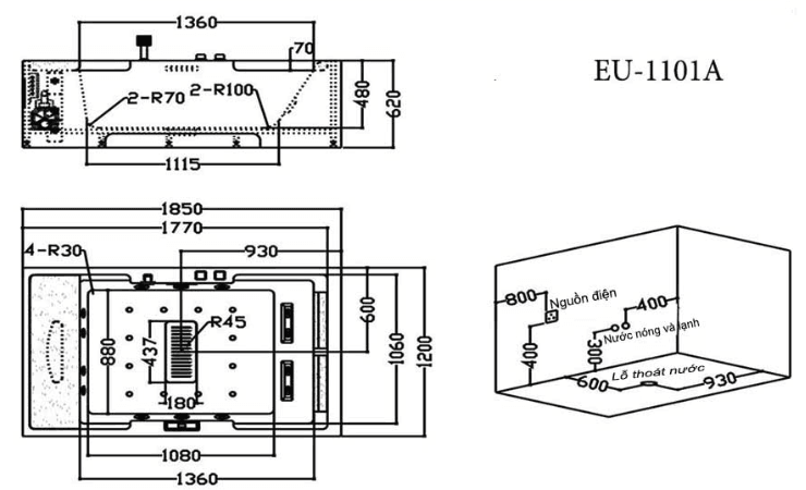 Bản vẽ bồn tắm massage Euroking EU-1101A (có sục khí)