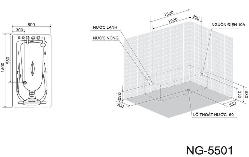 Bồn tắm massage Nofer NG-5501L (đế ngọc trai, sục khí)